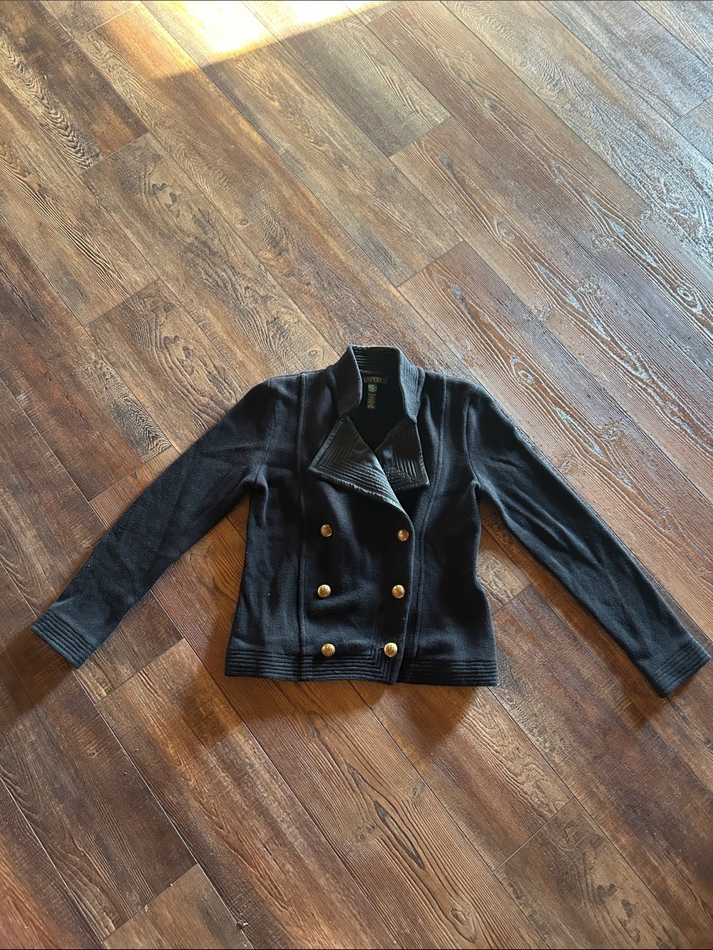 Lauren Ralph Lauren Black Double-Breasted Knit Peacoat with Gold Buttons